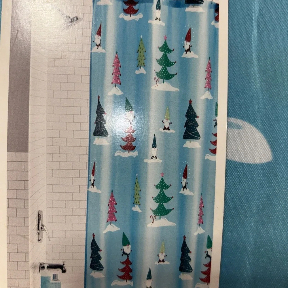 Holiday Time Christmas Fabric Shower Curtain Lt.Blue-Santa & Trees 72' x 72' NIP